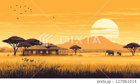 Safari lodge at sunset in an african landscape with giraffes and elephants. Safari lodge at sunset in an african landscape with giraffes and elephants. 127861014