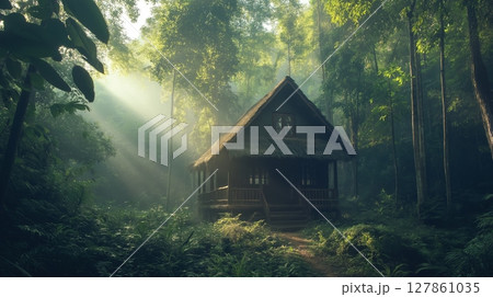 Traditional hut in tropical jungle. Mystical forest landscape at sunrise. 127861035