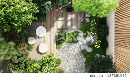 Beautiful tranquil garden with wooden deck, stone paths, and lush greenery Beautiful tranquil garden with wooden deck, stone paths, and lush greenery 127861053
