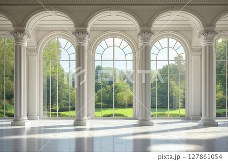 White grand hall with large windows in palace or castle, surrounded by lush greenery White grand hall with large windows in palace or castle, surrounded by lush greenery 127861054