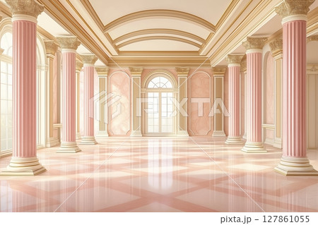 Sunlight illuminates pink grand hall through large windows in palace or castle, surrounded by lush greenery Sunlight illuminates pink grand hall through large windows in palace or castle, surrounded by lush greenery 127861055
