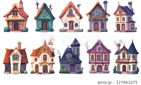 Charming collection of whimsical houses with unique designs set against a white background 127861075