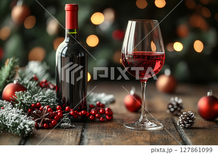 Christmas atmosphere. Crystal Wine Glass with red wine and a bottle of wine with a blank label next to it. Mockup for wine industry branding. Christmas atmosphere. Crystal Wine Glass with red wine and a bottle of wine with a blank label next to it. Mockup for wine industry branding. 127861099