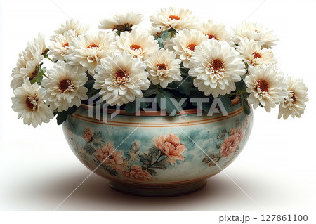 Perfect for interior design. Chrysanthemums plant with white flowers on a white background. Small potted plant. Perfect for interior design. Chrysanthemums plant with white flowers on a white background. Small potted plant. 127861100