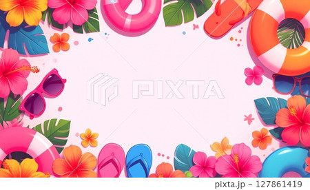 ハイビスカス、ビーチサンダル、サングラス等、夏をイメージさせるフレーム 127861419