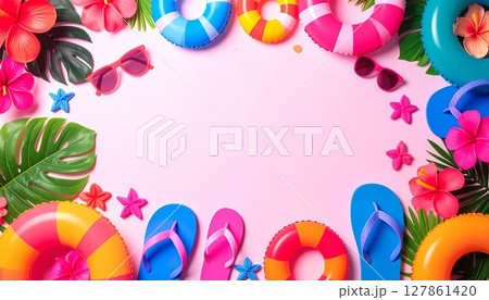 ハイビスカス、ビーチサンダル、サングラス等、夏をイメージさせるフレーム 127861420