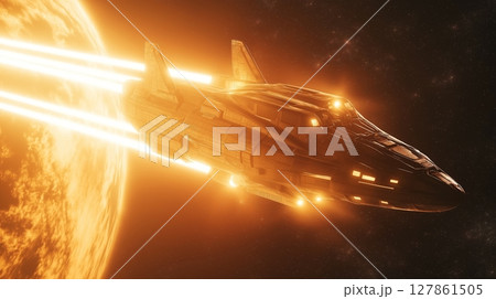 Spaceship travels near a blazing star, showcasing exploration in a distant galaxy 127861505