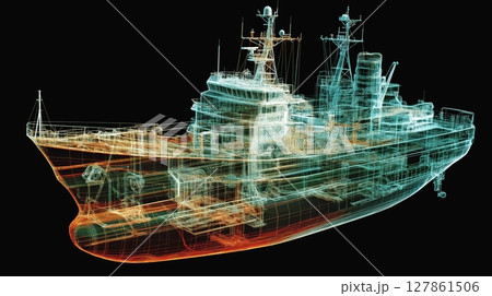 3D rendering of a commercial ship showcasing intricate design and structure in vibrant colors 127861506