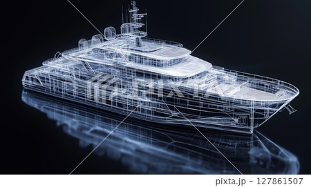 Luxurious yacht design showcased in a high-tech digital rendering with details 127861507