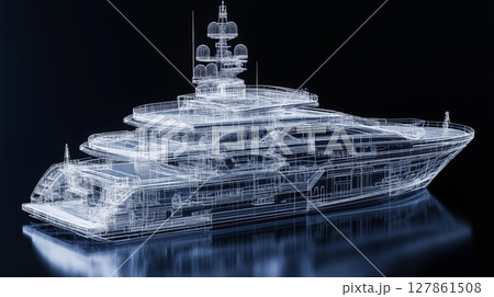 Luxurious yacht design showcased in a high-tech digital rendering with details 127861508
