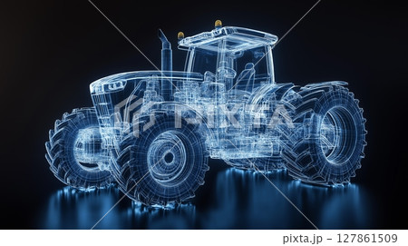 Detailed transparent illustration of a tractor showcasing its internal mechanisms and design 127861509