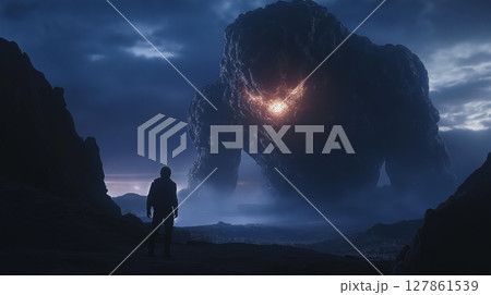 Astronaut encounters a giant creature on a distant alien planet during a foggy atmosphere 127861539