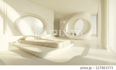 Minimalist bedroom with simple bed and abstract white interior design 127861573
