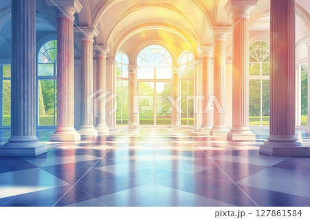 Sunlight illuminates blue grand hall through large windows in palace or castle, surrounded by lush greenery 127861584