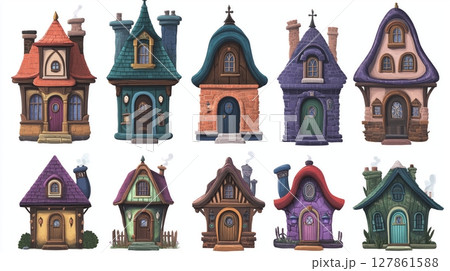 Colorful whimsical cottages in a charming village unique designs and playful architecture 127861588