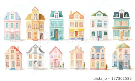 Colorful miniature houses arranged in a decorative pattern for home decor and art display 127861589