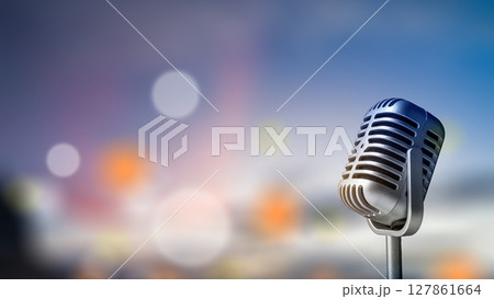 Vintage microphone with blurred bokeh lights background Vintage microphone with blurred bokeh lights background 127861664