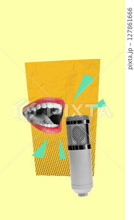 Human mouth talking on a microphone on a colored background. Collage art 127861666