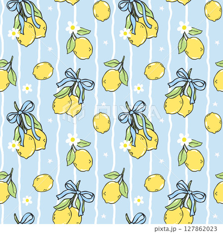 Coquette girly lemons seamless pattern with blue ribbon bow in hand drawn on stripe background for summer kitchen decor or digital fabric paper 127862023