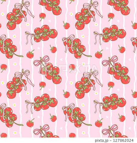 Coquette girly tomato bunch seamless pattern with ribbon bow in hand drawn for summer kitchen fabric, digital paper and foodie aesthetic decor 127862024