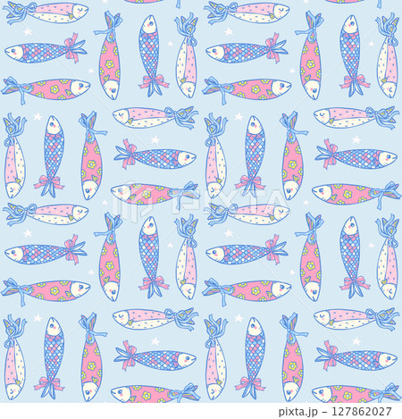 Cute girly sardine with bow seamless pattern on blue background in hand drawn coquette fisherman aesthetic for fabric, digital paper, and kitchen decor Cute girly sardine with bow seamless pattern on blue background in hand drawn coquette fisherman aesthetic for fabric, digital paper, and kitchen decor 127862027