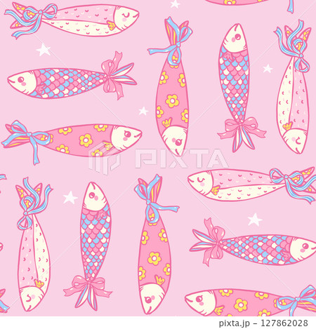 Cute girly sardine with bow seamless pattern on pink background in hand drawn coquette fisherman aesthetic for fabric, digital paper, and kitchen decor 127862028