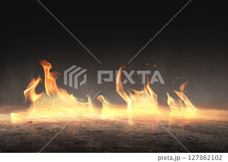 Burning fire on the warland. Inferno landscape, apocalyptic explosion illuminating barren, scorched land. Apocalyptic world war bomb blast Burning fire on the warland. Inferno landscape, apocalyptic explosion illuminating barren, scorched land. Apocalyptic world war bomb blast 127862102
