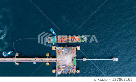Aerial view LPG gas tanker ship on deep blue sea, Global business freight shipping import export logistic transportation oil and gas product tanker ship, Liquefied Petroleum Gas LPG tanker ship in sea 127862163