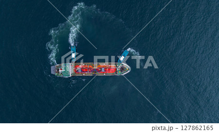 Aerial view LPG gas tanker ship on deep blue sea, Global business freight shipping import export logistic transportation oil and gas product tanker ship, Liquefied Petroleum Gas LPG tanker ship in sea 127862165