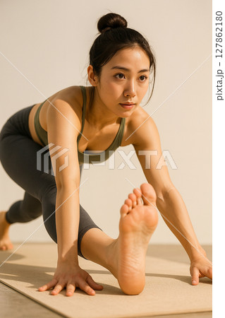 集中してヨガを行う女性。健康と美しさの象徴。 集中してヨガを行う女性。健康と美しさの象徴。 127862180