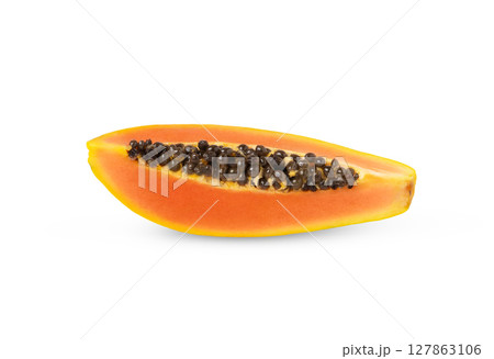 Single slice of ripe papaya with seeds isolated. Papaya fruit with orange colored fruit flesh. Single slice of ripe papaya with seeds isolated. Papaya fruit with orange colored fruit flesh. 127863106