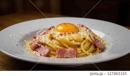 Authentic Italian pasta Carbonara dish with egg yolk and crispy bacon Authentic Italian pasta Carbonara dish with egg yolk and crispy bacon 127863183