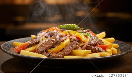 Steaming hot Peruvian lomo saltado with vibrant vegetables and crispy golden fries 127863184