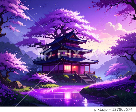 ライトアップされた城と夜桜 127863574