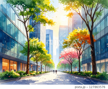 ビルの谷間に沈む夕日 127863576