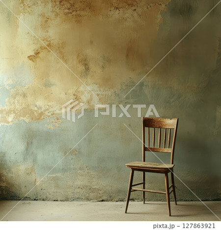 Wooden chair against peeling wall in empty space 127863921