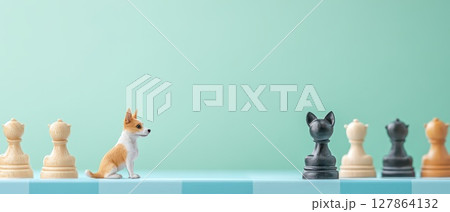 Corgi faces chess pieces on a playful game board 127864132