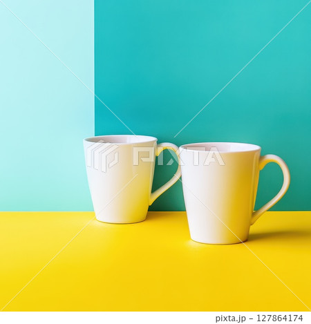 Two white mugs on a colorful table setting Two white mugs on a colorful table setting 127864174
