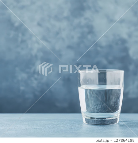 Glass of water on a blue surface with texture Glass of water on a blue surface with texture 127864189