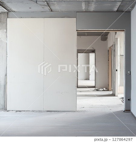 Empty room undergoing renovation with new walls 127864297