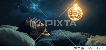 Dreamer rests under a glowing moonlight bulb 127864313