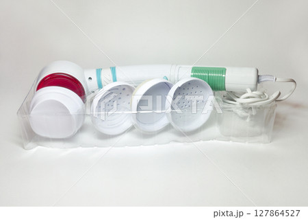 infrared handle massager. device for vibration massage of body and face, with various attachments. in transparent plastic tray infrared handle massager. device for vibration massage of body and face, with various attachments. in transparent plastic tray 127864527