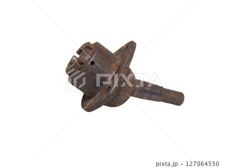 ball joint, upper, with screw service lid. old and rusty spare part, isolated on white background 127864550