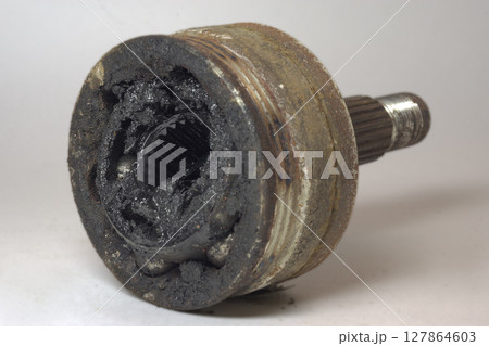 constant velocity joint of front wheel drive car, dismantlet for replacing, dirty, worn, with clipping path constant velocity joint of front wheel drive car, dismantlet for replacing, dirty, worn, with clipping path 127864603