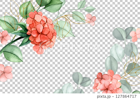 delicate frame of pink flowers and eucalyptus leaves with golden elements. watercolor illustration. design for invitation, wedding 127864717