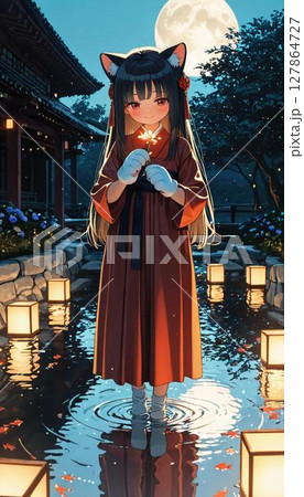 Elegant Anime Girl Fox in Kimono by Moonlit Temple Pond 127864727