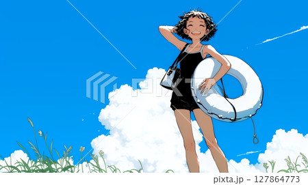 夏休みの思い出：友達と海水浴に行く（シンプルな色使い）