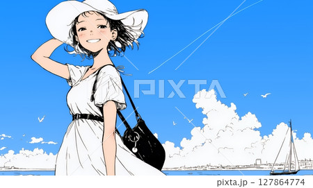 夏休みの思い出：海辺の町への一人旅（シンプルな色使い）
