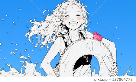 夏休みの思い出：友達と海水浴に行く（シンプルな色使い）