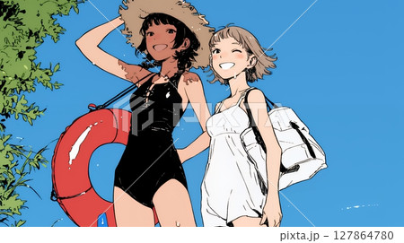 夏休みの思い出：友達と海水浴に行く（シンプルな色使い）